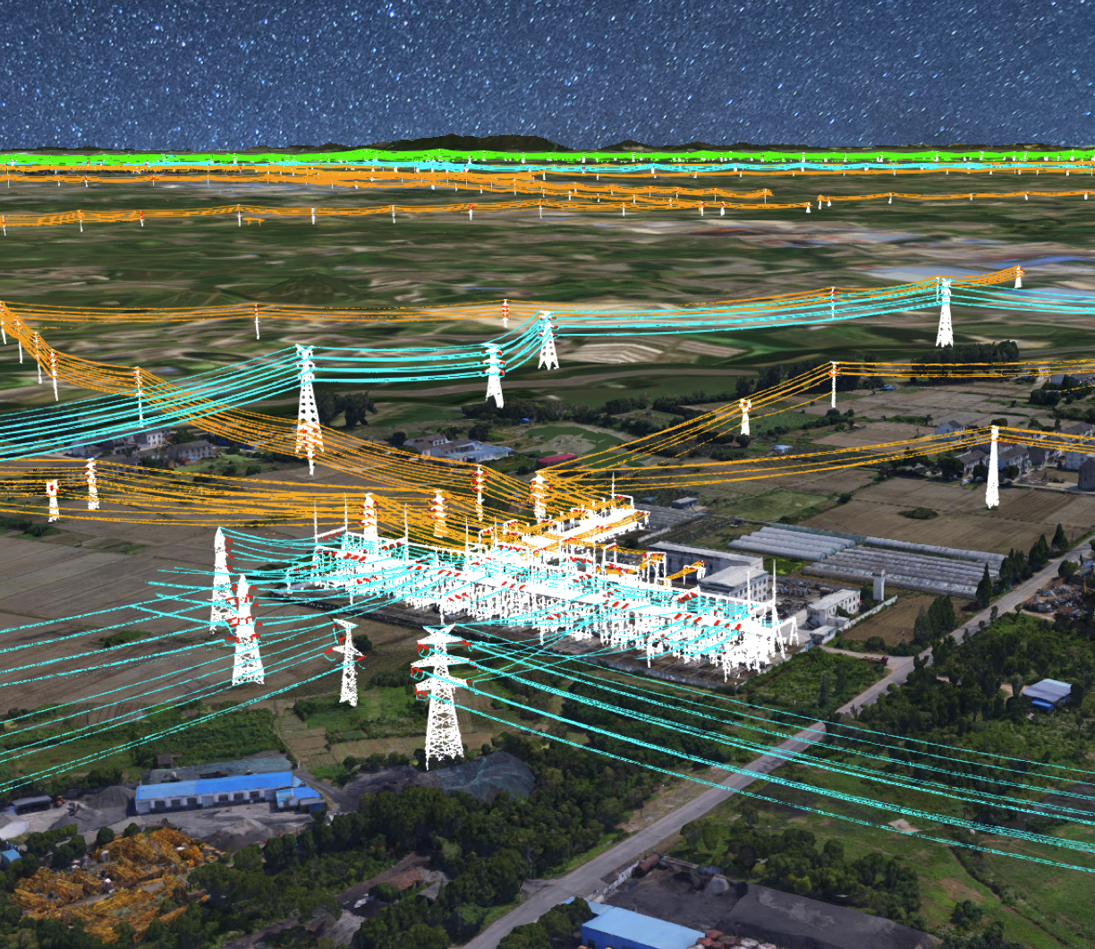 Aerial view of electrical substation showing power transformers and transmission lines captured with SkyGrid's visible light and infrared pod